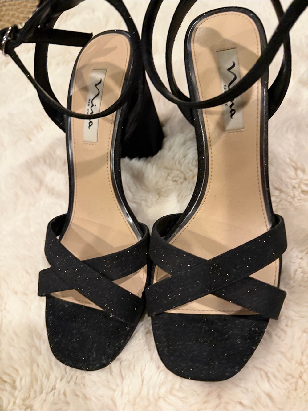 Nina Black Glitter Crisscross Ankle-Strap Heels